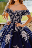 Blu navy Off the Shoulder Ball Gown Tulle Quinceanera Dress con applicazioni floreali