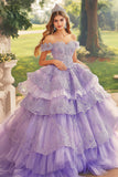 Plum Off the Shoulder Tulle Ball Gown Tiered Quinceanera Dress con applicazioni