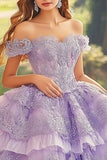 Plum Off the Shoulder Tulle Ball Gown Tiered Quinceanera Dress con applicazioni