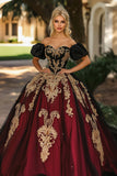 Borgogna e nero Off the Shoulder Ball Gown Organza Appliqued Quinceanera Dress con maniche a sbuffo