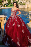 Abito da ballo bordeaux Off the Shoulder Tulle Quinceanera Dress con applicazioni