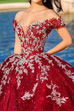 Abito da ballo bordeaux Off the Shoulder Tulle Quinceanera Dress con applicazioni