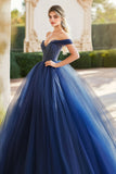 Navy Tulle Ball Gown Off the Shoulder Quinceanera Dress con perline