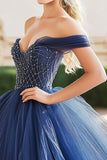 Navy Tulle Ball Gown Off the Shoulder Quinceanera Dress con perline
