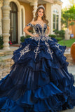 Navy Princess Off the Spalla Organza arruffato Quinceanera Dress con applicazioni