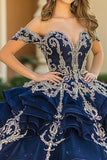 Navy Princess Off the Spalla Organza arruffato Quinceanera Dress con applicazioni