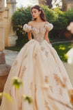 Principessa Blush Ball Gown Off la spalla tulle Quinceanera Dress con applique