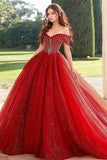 Glitter rosso Off the Shoulder Princess Quinceanera Dress con applicazioni