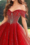 Glitter rosso Off the Shoulder Princess Quinceanera Dress con applicazioni