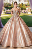 Champagne Off the Spalla Satin Applique Ball Gown Abito lungo Quinceanera