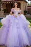 Lilla Off the Shoulder Tulle Tiered Princess Applique Quinceanera Dress
