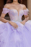 Lilla Off the Shoulder Tulle Tiered Princess Applique Quinceanera Dress