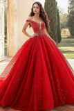 Abito da ballo rosso Off the Spalla Tulle Applique Quinceanera Dress