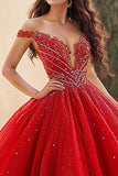 Abito da ballo rosso Off the Spalla Tulle Applique Quinceanera Dress