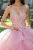 Abito Quinceanera Principessa Quinceanera Tulle Rosa Sweetheart con perline