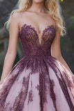 Grigio Rosa Spaghetti Straps Ball Gown Tulle Quinceanera Dress con Appliques