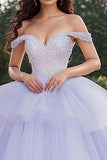 Lavanda Off the Shoulder Tulle Ball Gown Applique Quinceanera Dress