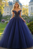 Navy Tulle Ball Gown senza spalline Off the Shoulder Quinceanera Dress