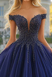 Navy Tulle Ball Gown senza spalline Off the Shoulder Quinceanera Dress
