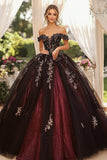 Borgogna nero tulle ball abito fuori dalla spalla senza spalline Quinceanera Dress