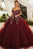 Borgogna Ball Gown Off la spalla Appliqued Quinceanera Dress