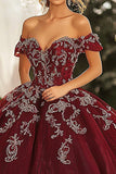 Borgogna Ball Gown Off la spalla Appliqued Quinceanera Dress