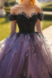 Principessa Nero Off the Shoulder Tulle Quinceanera Dress con applicazioni in pizzo
