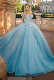 Principessa Sky Blue Ball Gown Off the Shoulder Tulle Laced Appliques Quinceanera Dress con Fiocco