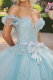 Principessa Sky Blue Ball Gown Off the Shoulder Tulle Laced Appliques Quinceanera Dress con Fiocco