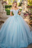 Elegante Sky Blue Ball Gown Off the Shoulder Tulle Quinceanera Dress con fiocco