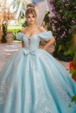 Principessa cielo blu abito da ballo fuori dalla spalla lacci anteriori appliques tulle abito quinceanera con fiocco