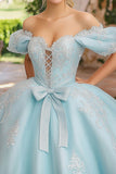 Principessa cielo blu abito da ballo fuori dalla spalla lacci anteriori appliques tulle abito quinceanera con fiocco