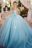 Scintillante cielo blu abito da ballo Off the Spalla Fiocco Tulle Quinceanera Dress con applicazioni in pizzo