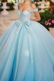 Scintillante cielo blu abito da ballo Off the Spalla Fiocco Tulle Quinceanera Dress con applicazioni in pizzo