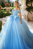 Scintillante cielo blu abito da ballo fuori dalla spalla tulle strass Quinceanera Dress con fiocco