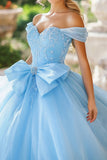 Scintillante cielo blu abito da ballo fuori dalla spalla tulle strass Quinceanera Dress con fiocco