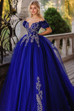 Royal Blue Ball Gown Off the Spalla Tulle Quinceanera Dress con Appliques