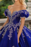 Principessa Royal Blue Ball Gown Off the Spalla Tulle Quinceanera Dress con applicazioni in pizzo
