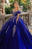 Principessa Royal Blue Ball Gown Off the Spalla Tulle Quinceanera Dress con applicazioni in pizzo