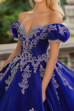Principessa Royal Blue Ball Gown Off the Spalla Tulle Quinceanera Dress con applicazioni in pizzo