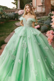Principessa Menta Ball Gown Off la Spalla Increspature Tulle Quinceanera Dress con Applique in pizzo