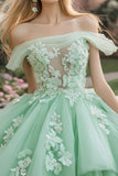 Scintillante Menta Ball Gown Off la Spalla Increspature Tulle Quinceanera Dress con applicazioni di paillettes