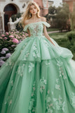 Scintillante Menta Ball Gown Off la Spalla Increspature Tulle Quinceanera Dress con applicazioni di paillettes