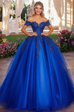 Scintillante Royal Blue Ball Gown Off the Shoulder Quinceanera Dress con applicazioni in pizzo