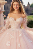 Principessa Rosa Ball Gown Off the Shoulder Maniche lunghe Tulle Quinceanera Dress con applicazioni in pizzo