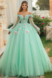 Menta Off The Shoulder Tulle Quinceanera Dress con fiori 3D
