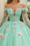Menta Off The Shoulder Tulle Quinceanera Dress con fiori 3D