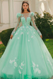 Menta Ball Gown Scollo A Barca Appliqued Tulle Quinceanera Abito Con Maniche Lunghe