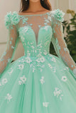 Menta Ball Gown Scollo A Barca Appliqued Tulle Quinceanera Abito Con Maniche Lunghe