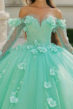 Menta Sweetheart floreale tulle Quinceanera Abito con maniche lunghe